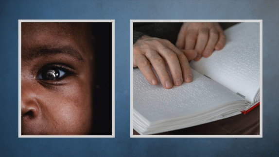 Close-ups of an eye of a child and hand reading braille in a book.